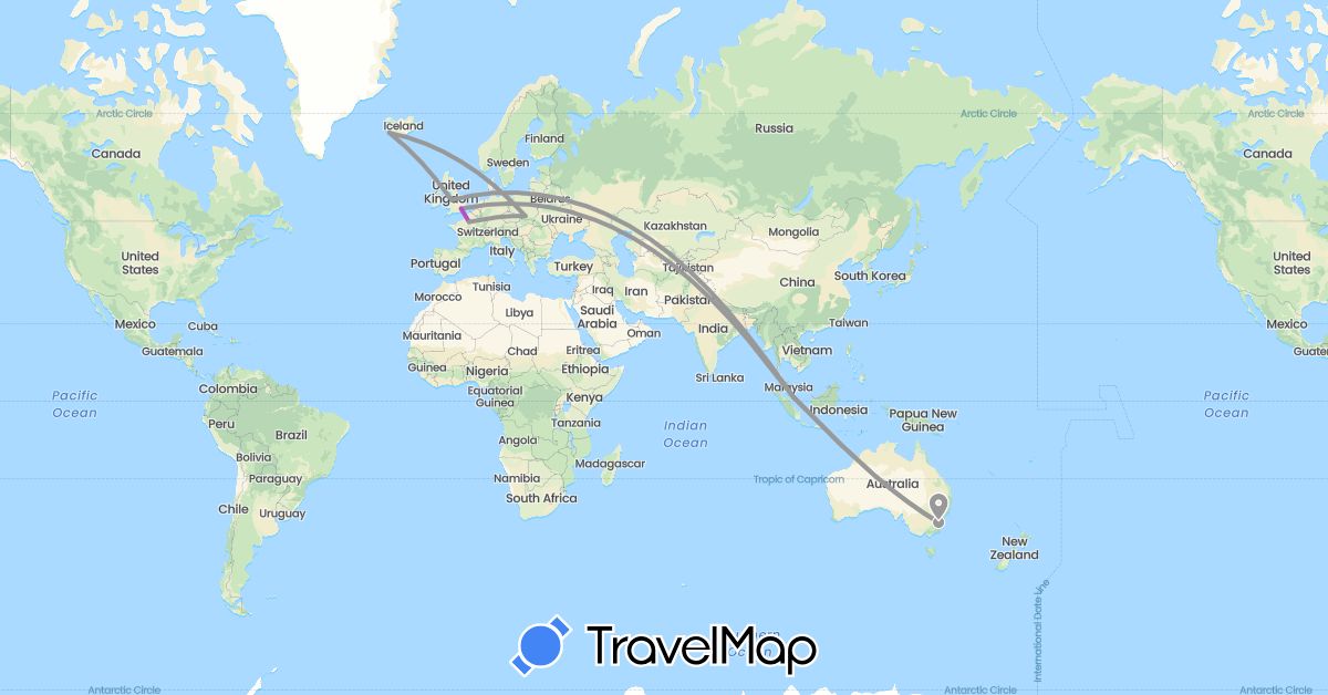 TravelMap itinerary: driving, plane, train in Australia, France, United Kingdom, Iceland, Poland, Singapore (Asia, Europe, Oceania)